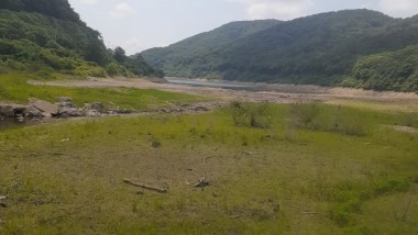 발전 사업자의 무단 방류로 인해 황량한 풀밭으로 변해버린 외동저수지 바닥.